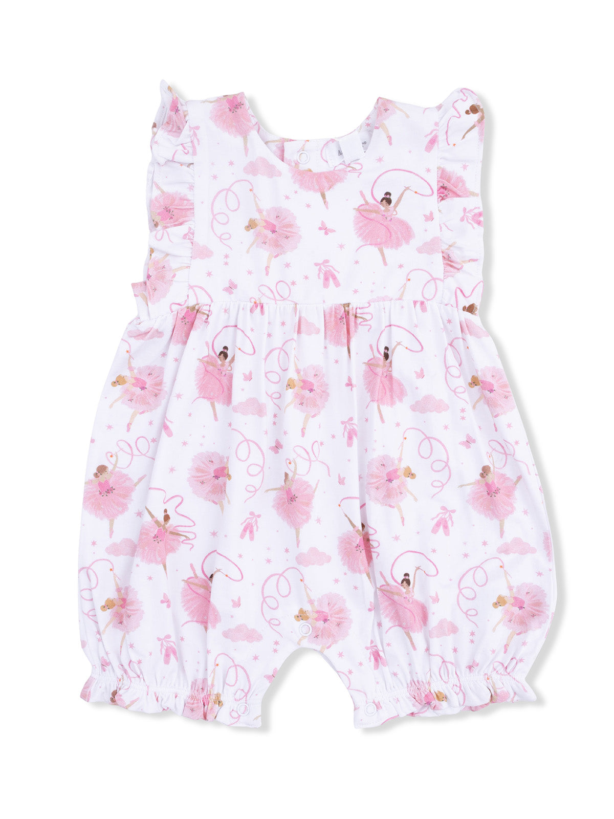 Pink floral romper with ballerina prints, featuring ruffled sleeves and elastic cuffs, ideal for toddlers.