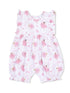 Pink floral romper with ballerina prints, featuring ruffled sleeves and elastic cuffs, ideal for toddlers.