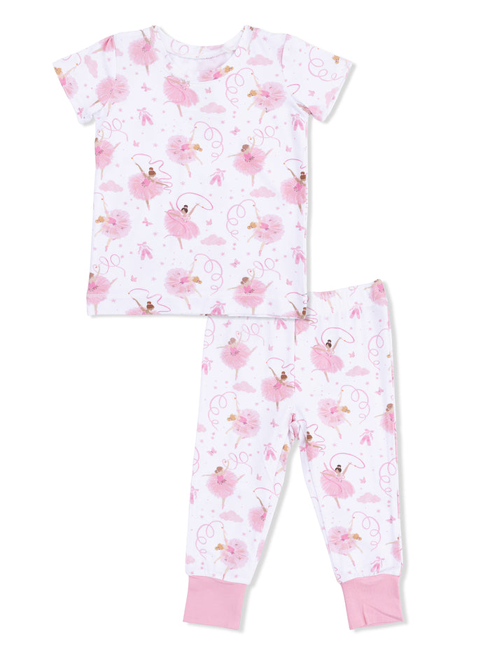 Ballet-themed kids' pajama set with pink ballerinas and clouds, featuring a short-sleeve top and full-length pants.
