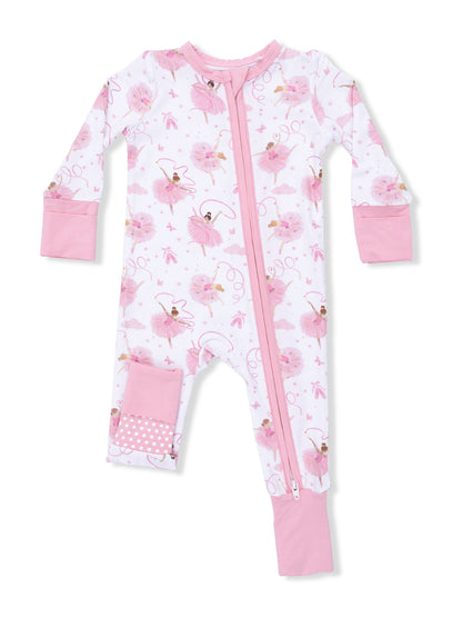 Pink floral-patterned baby onesie with a front zipper and long sleeves.