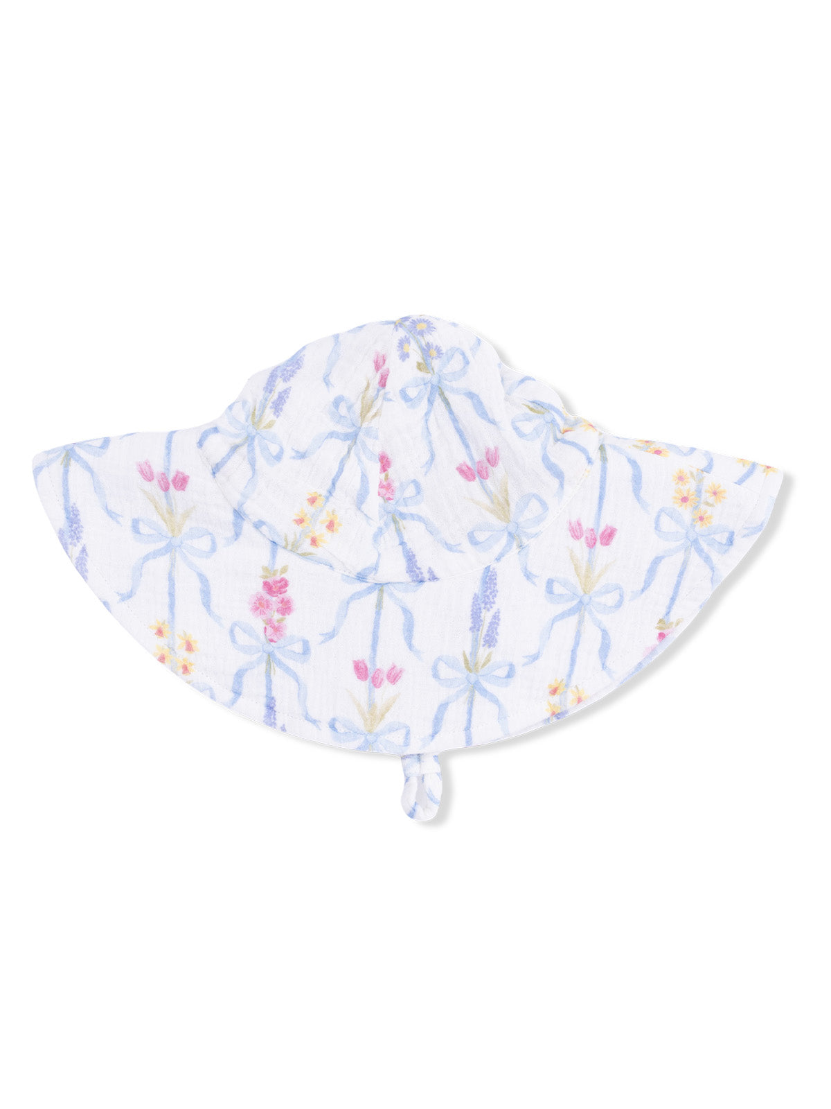 White sun hat with floral pattern and blue ribbons, designed for sun protection and stylish outdoor wear.