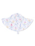 White sun hat with floral pattern and blue ribbons, designed for sun protection and stylish outdoor wear.
