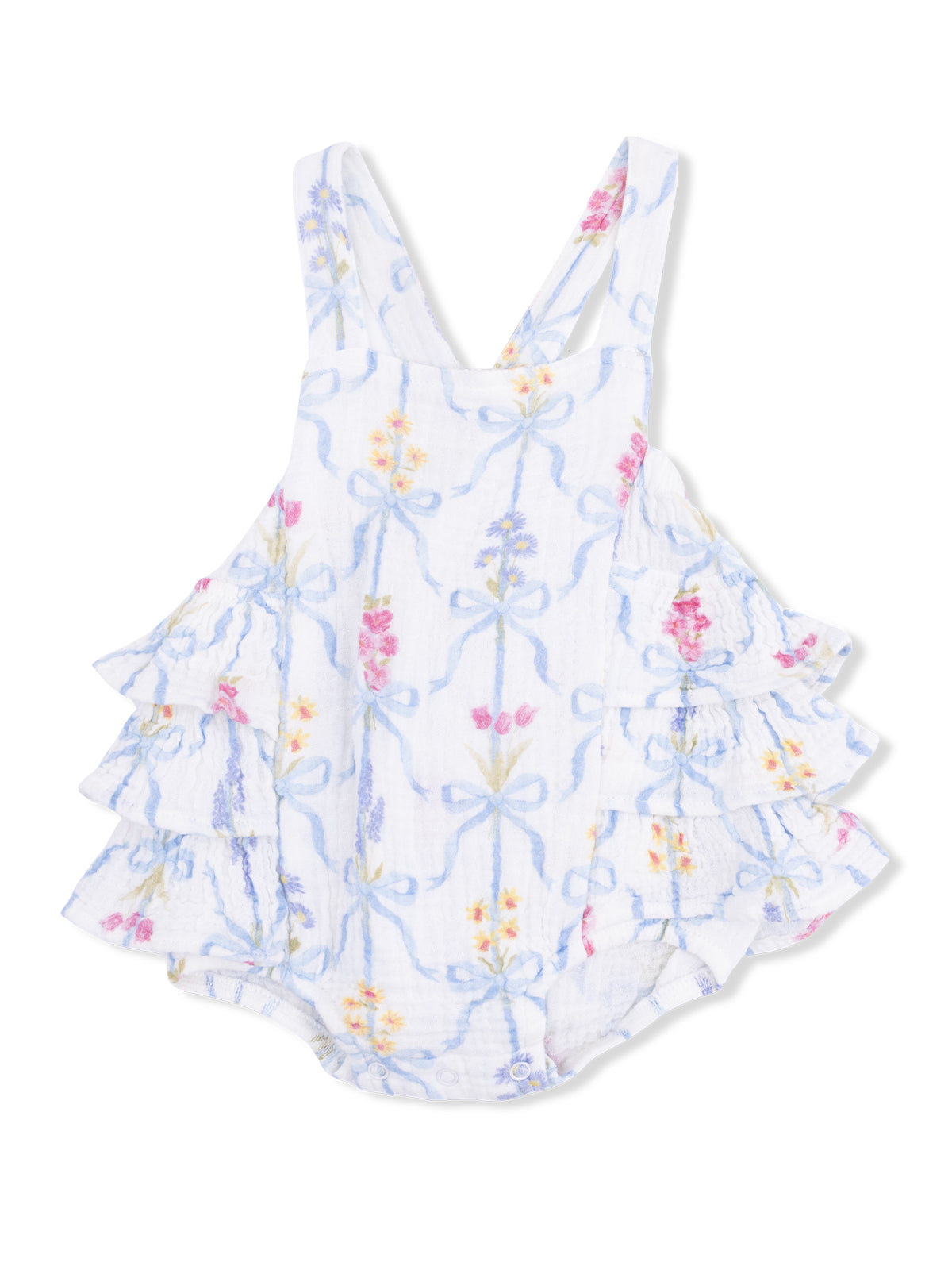White baby romper with floral patterns and ruffled sleeves, perfect for warm weather.