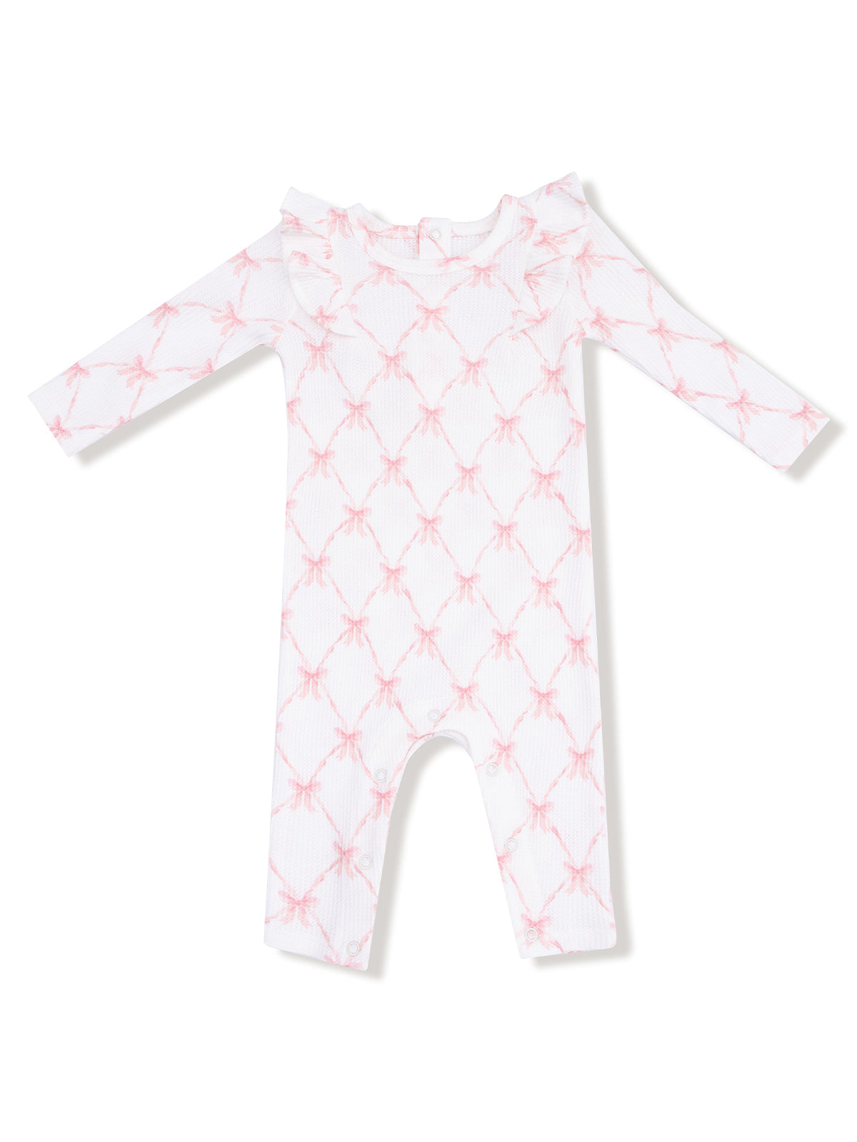 White infant onesie with pink bow print and ruffled neckline, designed for comfort and style.