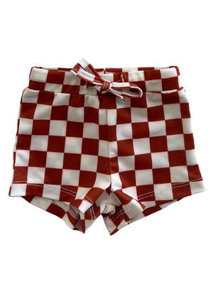 Red and white checkered shorts with a waist tie, perfect for casual summer wear.