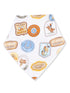 White bandana with colorful cowboy-themed patches and sayings like "Life's Better in Boots" and "Rodeo Champ."