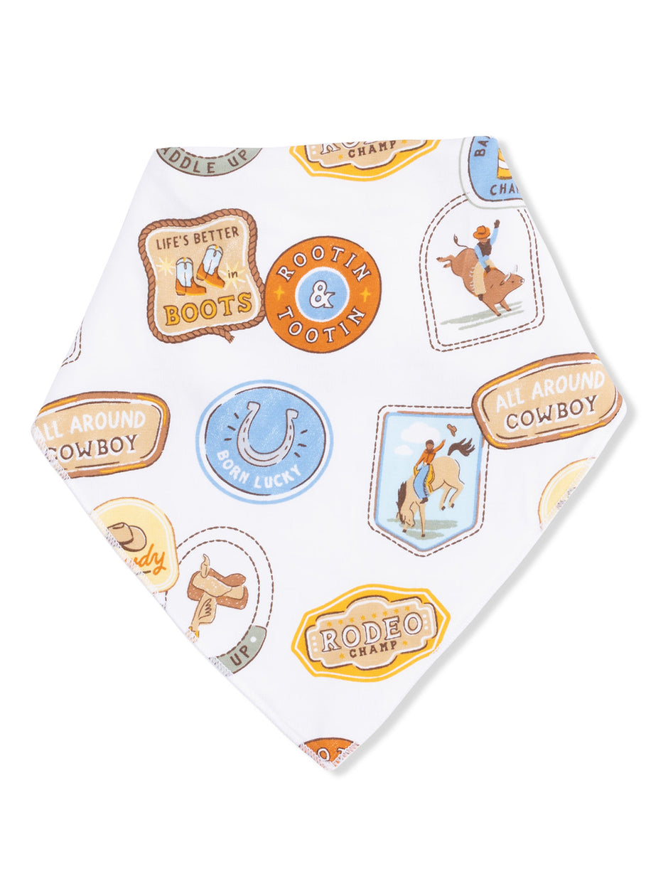 White bandana with colorful cowboy-themed patches and sayings like "Life's Better in Boots" and "Rodeo Champ."