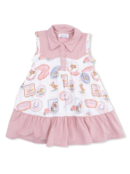 Girls' sleeveless dress with pink collar, featuring a playful rodeo-themed print and ruffled skirt.