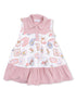 Girls' sleeveless dress with pink collar, featuring a playful rodeo-themed print and ruffled skirt.