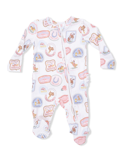 Infant pajama set featuring western-themed patterns in pastel colors with footed design and full zipper closure.