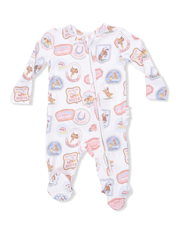 Infant pajama set featuring western-themed patterns in pastel colors with footed design and full zipper closure.