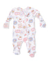 Infant pajama set featuring western-themed patterns in pastel colors with footed design and full zipper closure.