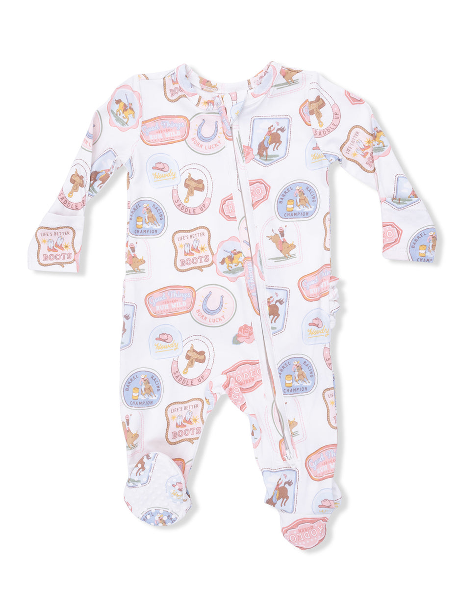 Infant pajama set featuring western-themed patterns in pastel colors with footed design and full zipper closure.