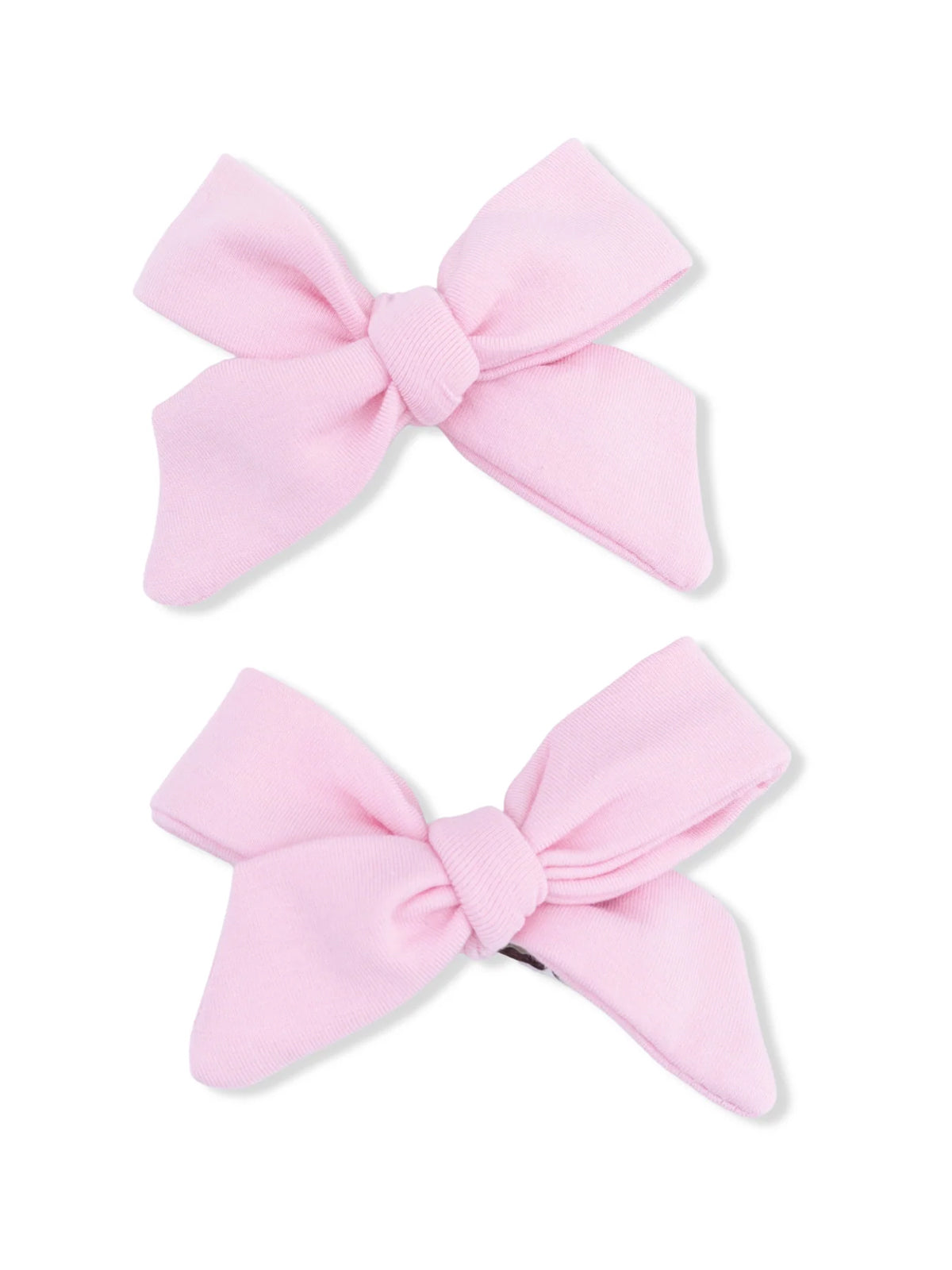Two soft pink hair bows with a knot in the center, displayed on a white background.