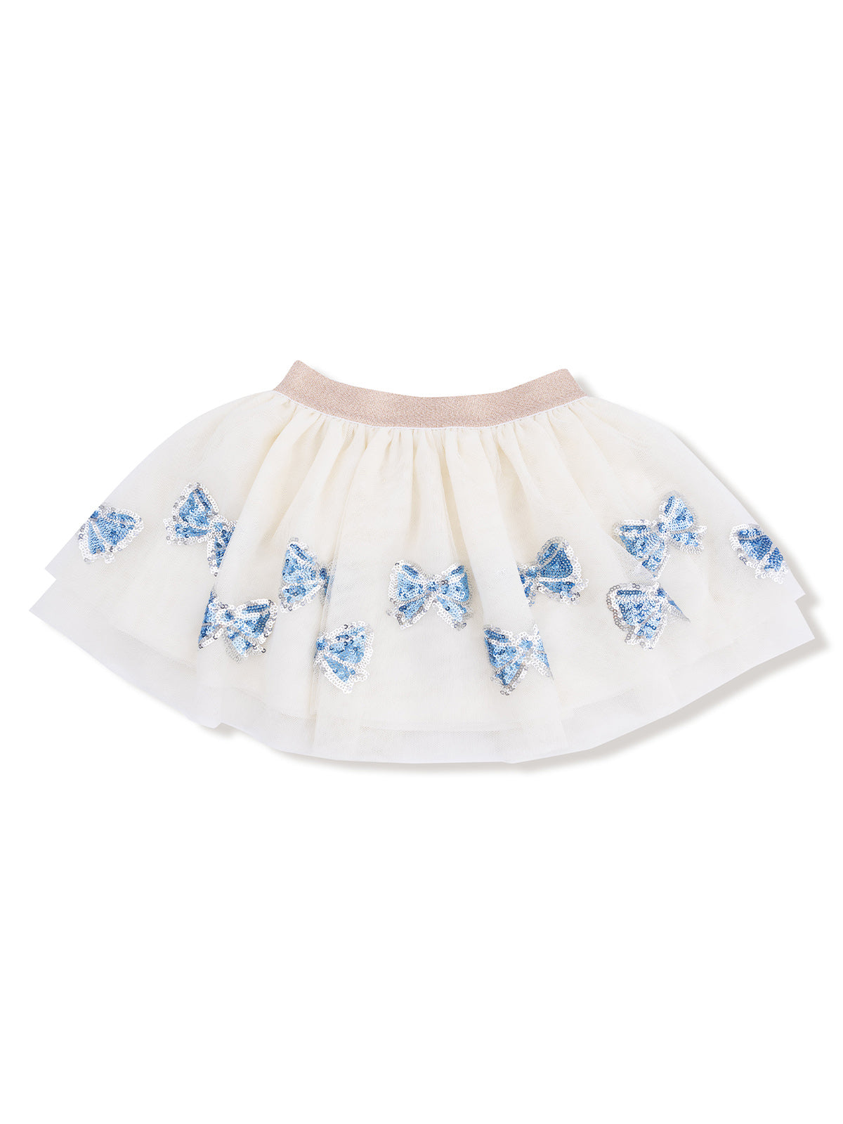 White tulle skirt adorned with blue sequined bows and a pink waistband. Ideal for playful and stylish outfits.