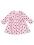 White dress with red floral pattern and bows, featuring long sleeves and a collar, suitable for young children.