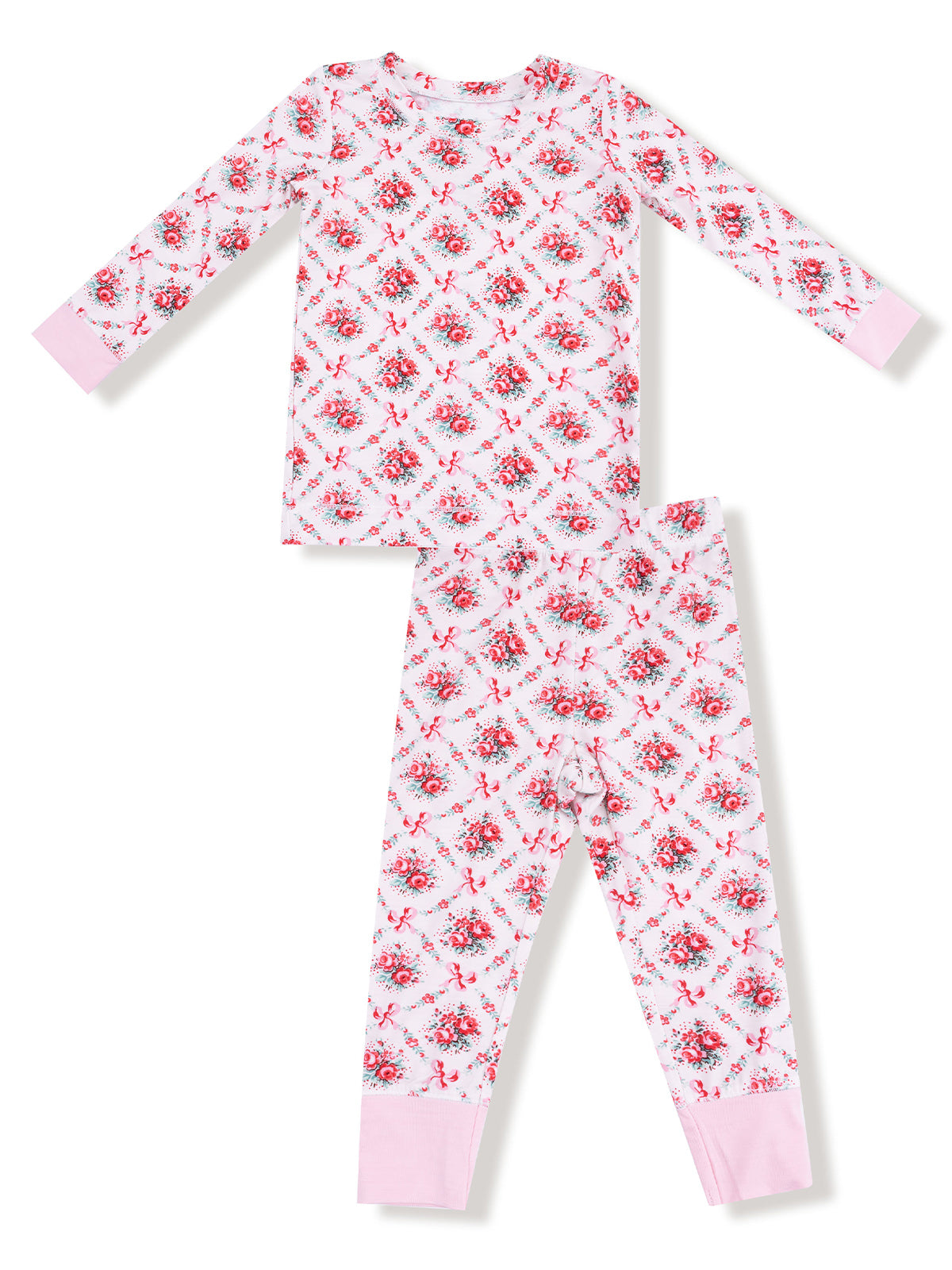 Girls' long-sleeve pajama set featuring a floral pattern with pink accents. Perfect for cozy nights.