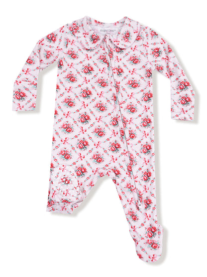 Floral-patterned infant romper with long sleeves and a zipper front, featuring a Peter Pan collar.