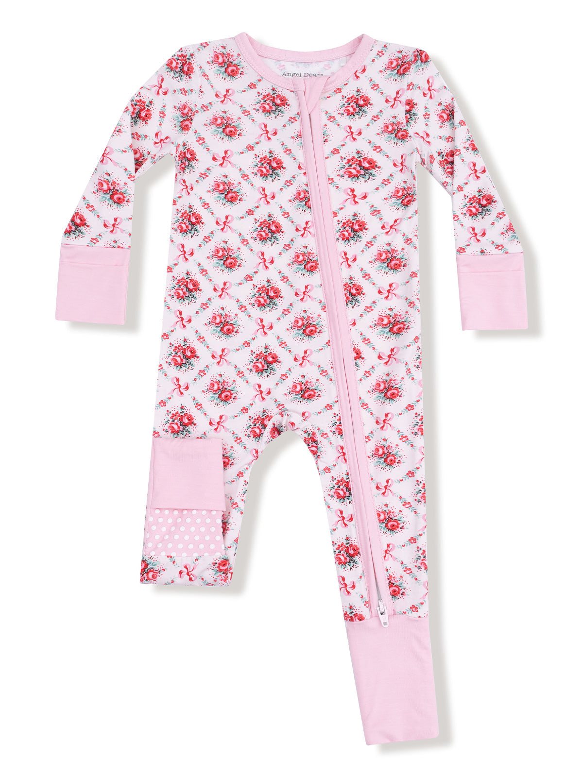 Pink floral-patterned toddler onesie with a front zipper and solid pink cuffs.