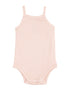 Light pink ribbed baby bodysuit with thin straps and snap closures at the bottom.