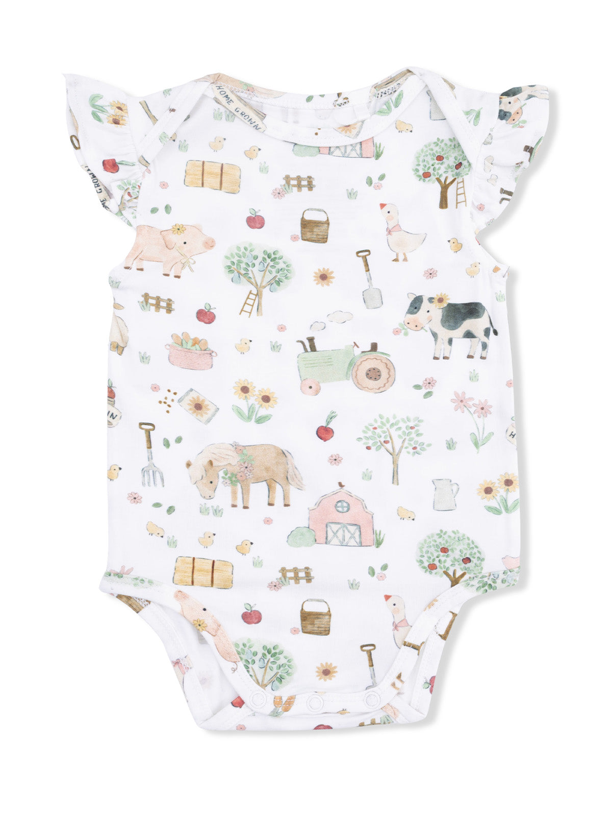 White baby bodysuit covered in colorful farm-themed illustrations, including animals, plants, and tools.