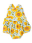 Ruffle Bubble Bib Sunsuit, Sunflowers Blue