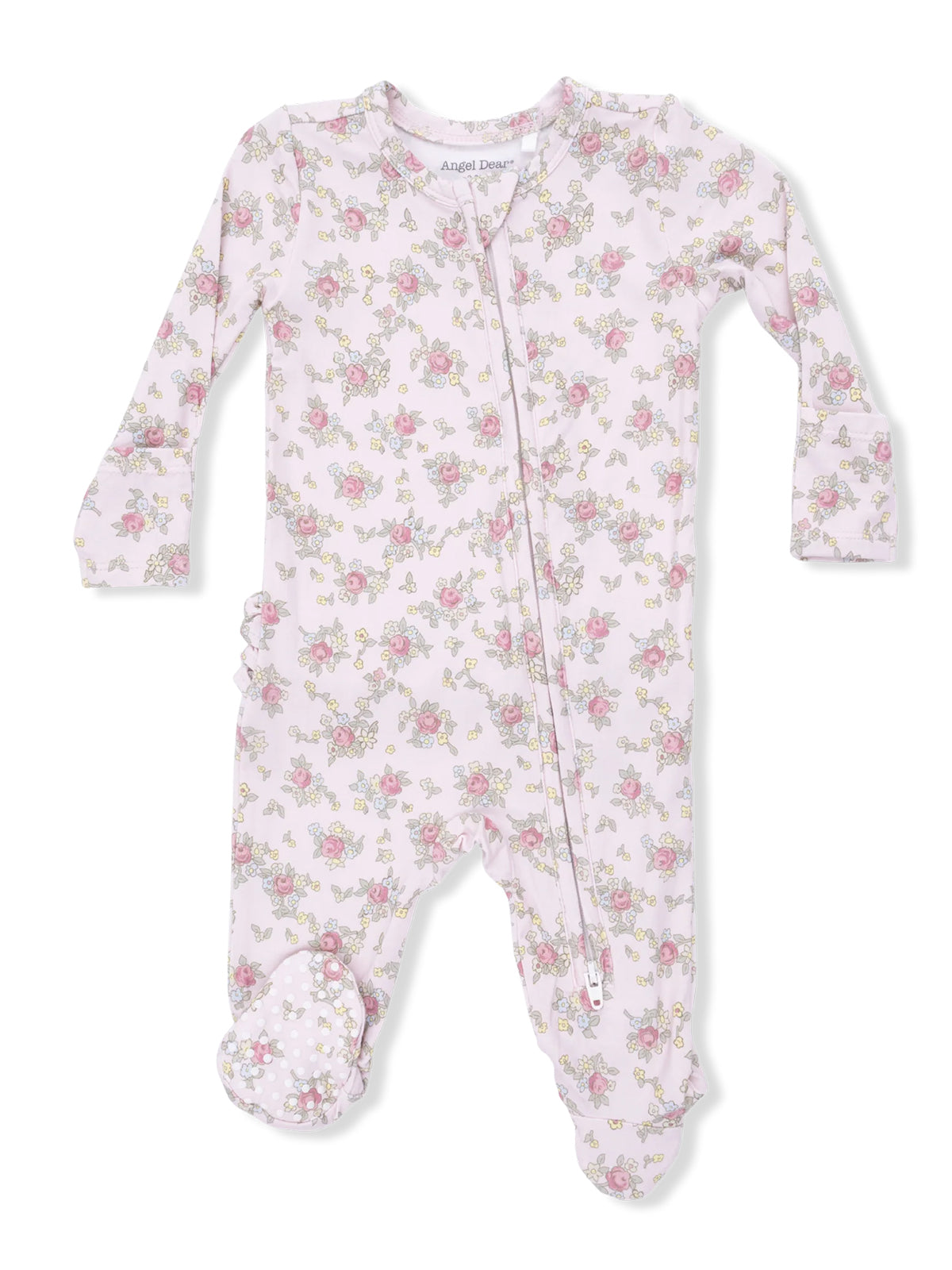Pink floral baby onesie with long sleeves and full zipper, featuring cute polka-dotted footed design.