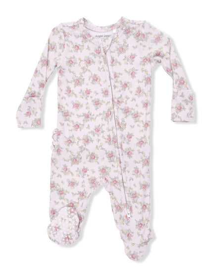 Pink floral baby onesie with long sleeves and full zipper, featuring cute polka-dotted footed design.