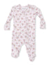 Pink floral baby onesie with long sleeves and full zipper, featuring cute polka-dotted footed design.