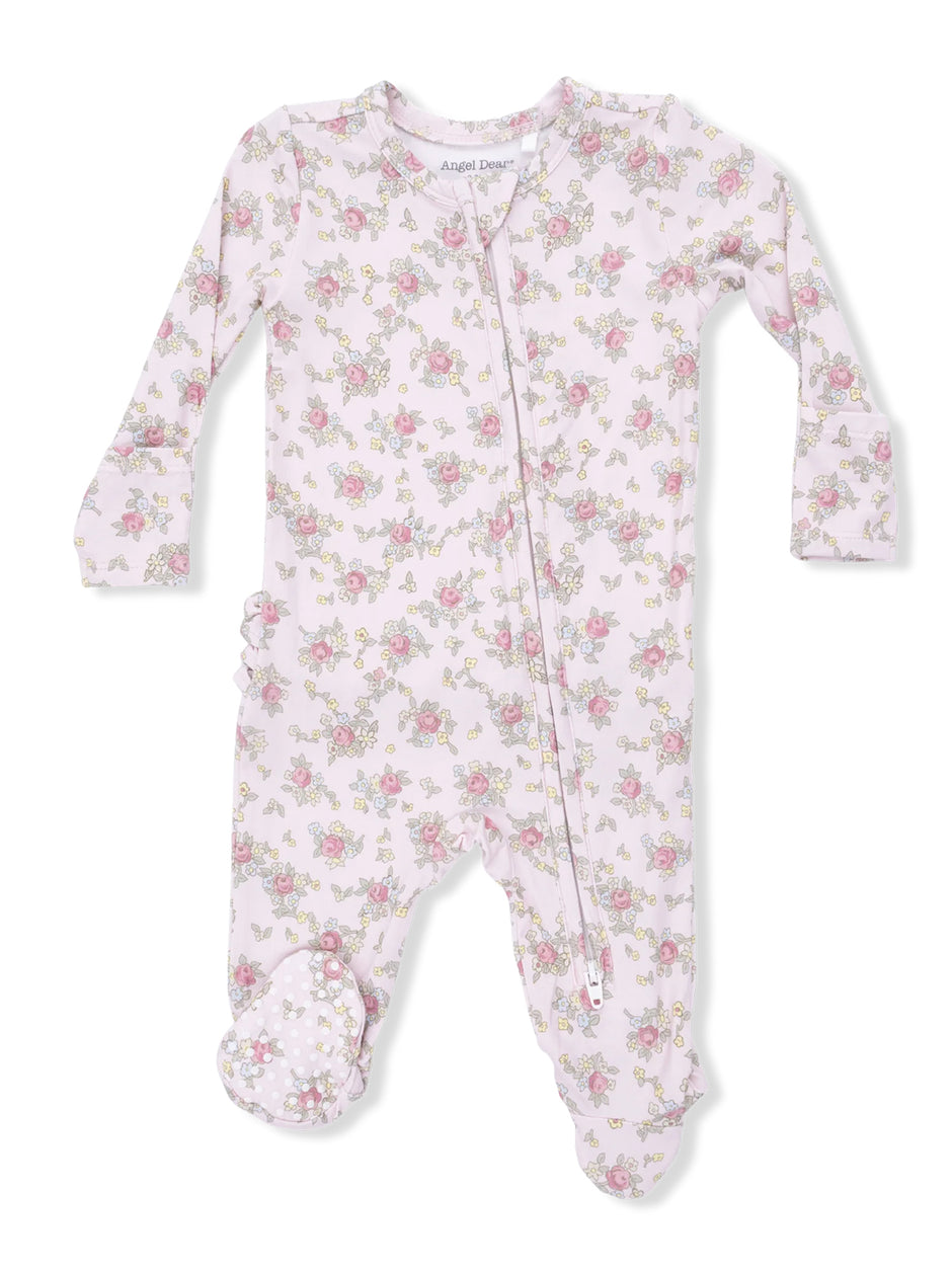 Pink floral baby onesie with long sleeves and full zipper, featuring cute polka-dotted footed design.