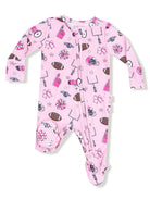Pink baby onesie featuring sports-themed patterns like footballs, helmets, and cheerleading accessories. 