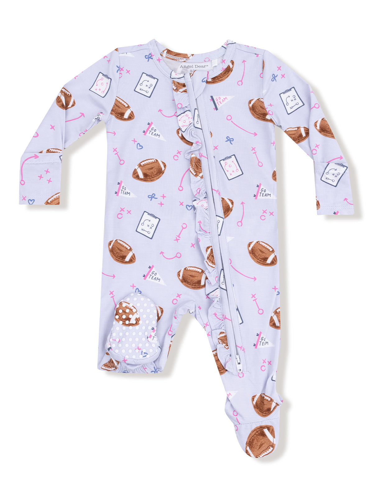 Light purple infant onesie with football and sports-themed prints, featuring ruffles and a front zipper.