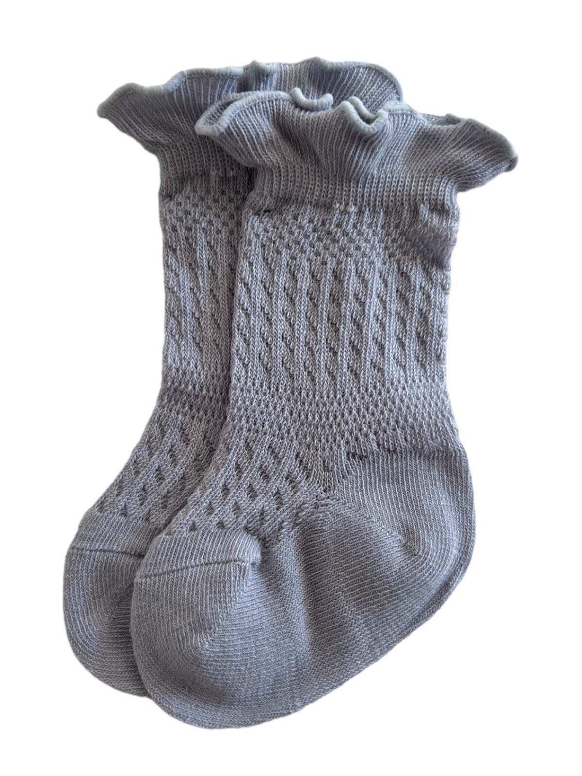 Gray ruffled socks featuring a textured pattern, ideal for casual or cozy wear.