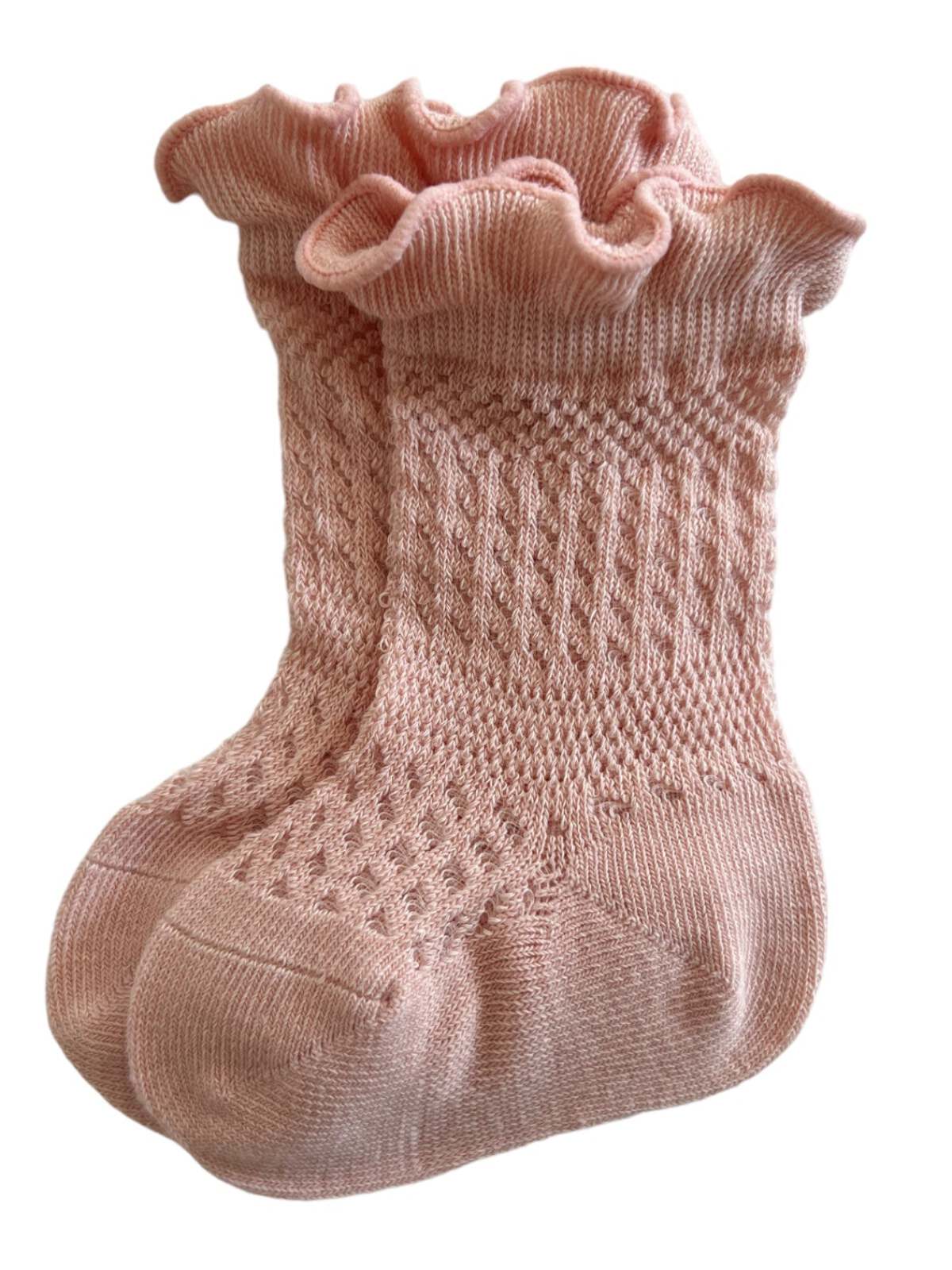 Pink frilled baby socks with a textured pattern, displayed side by side on a white background.