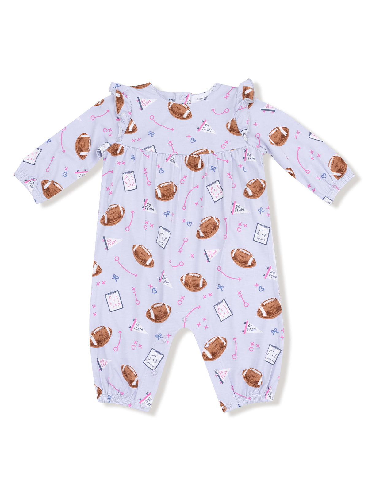 Light purple baby romper with football and cheerleading patterns, featuring long sleeves and a ruffled collar.