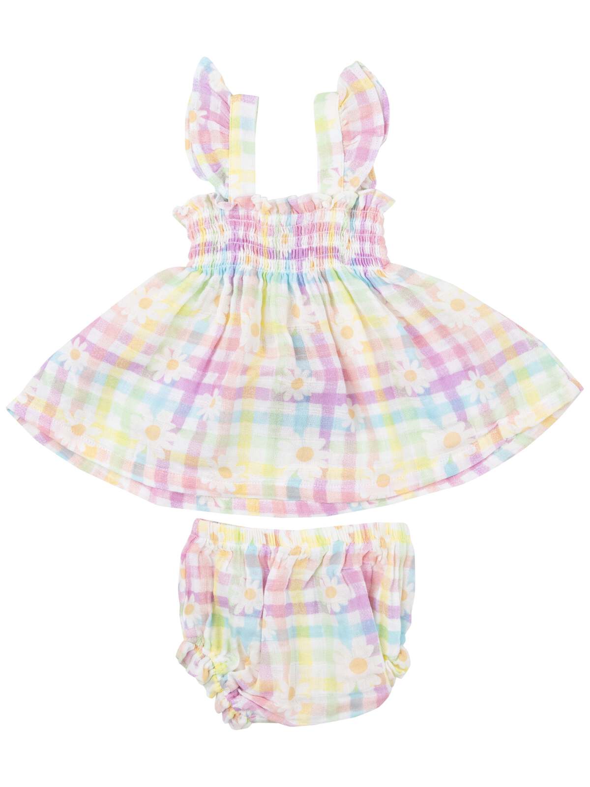 Ruffle Strap Smocked Top & Bloomer, Gingham Daisy