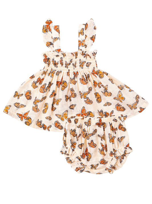 Ruffle Strap Smocked Top & Bloomer, Painted Monarch Butterflies