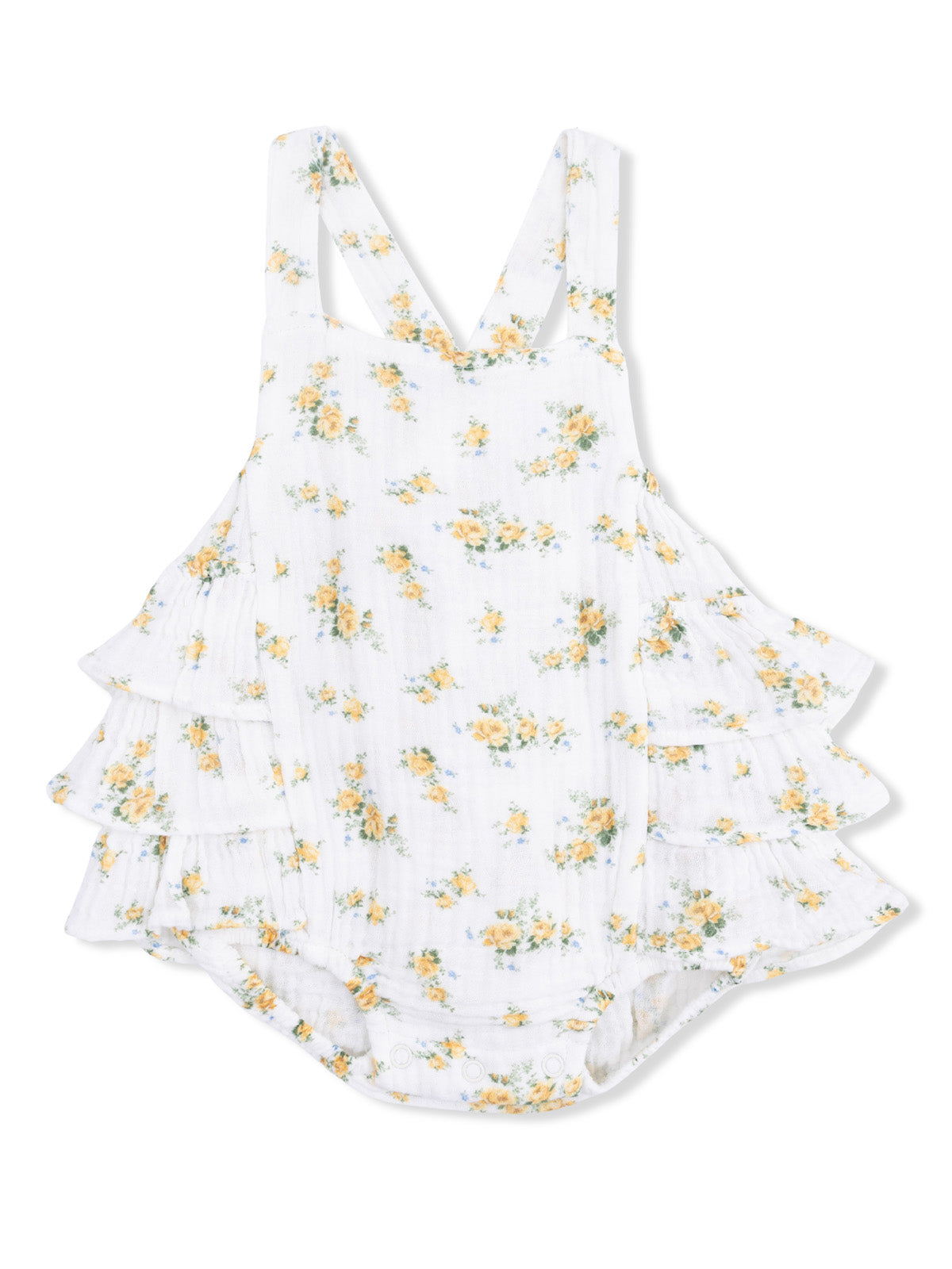 White floral romper with yellow and blue flowers, featuring ruffled layers and adjustable straps.