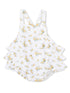 White floral romper with yellow and blue flowers, featuring ruffled layers and adjustable straps.