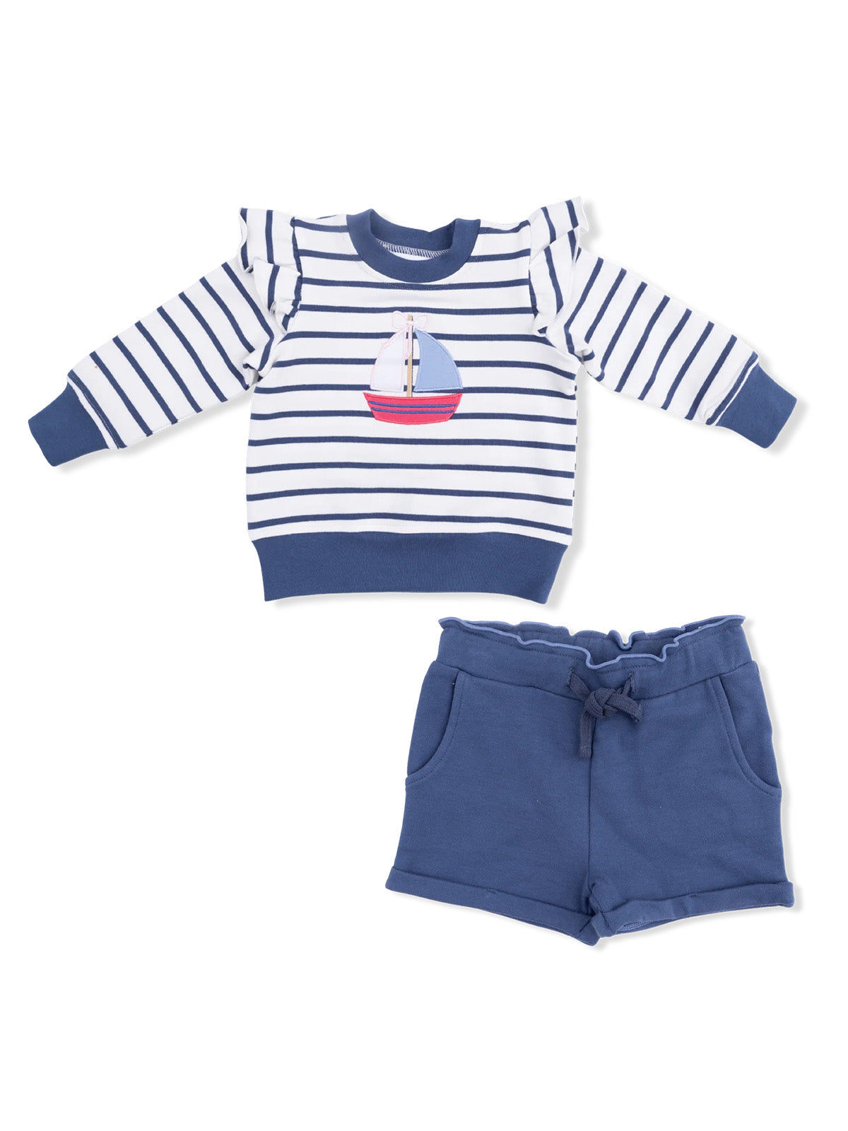 Striped toddler outfit featuring a sailboat graphic sweatshirt and matching blue shorts. Ideal for warm weather.