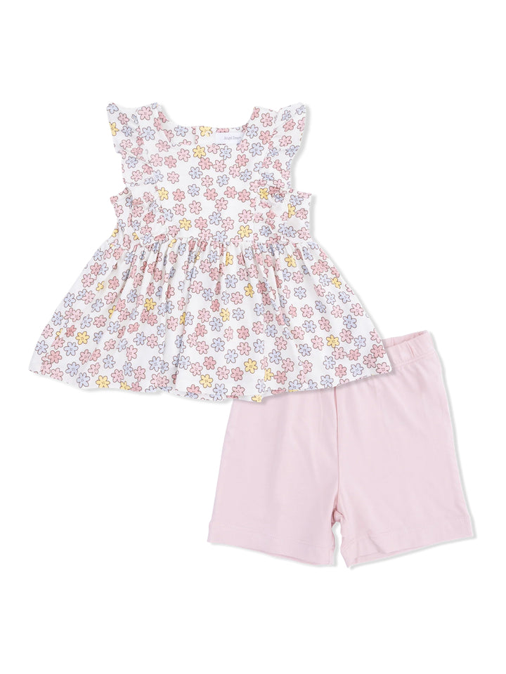 Floral top with ruffled sleeves and pink shorts for toddlers. Bright and colorful outfit suitable for warm weather.