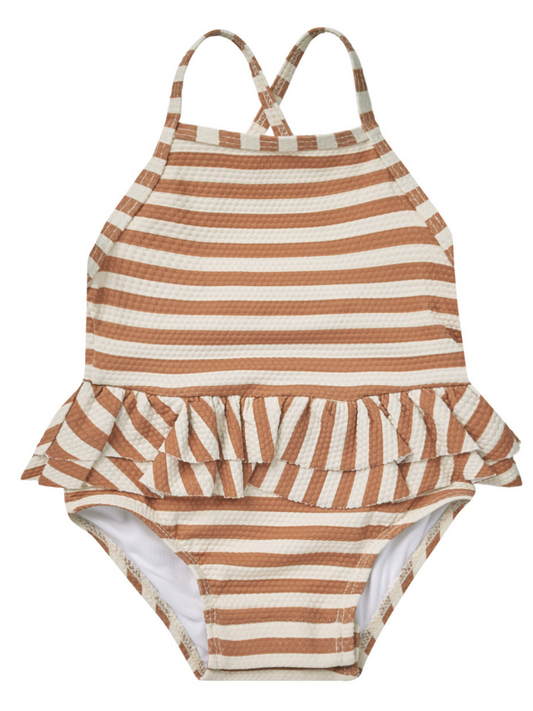 Ruffled One-Piece Swimsuit, Clay Stripe