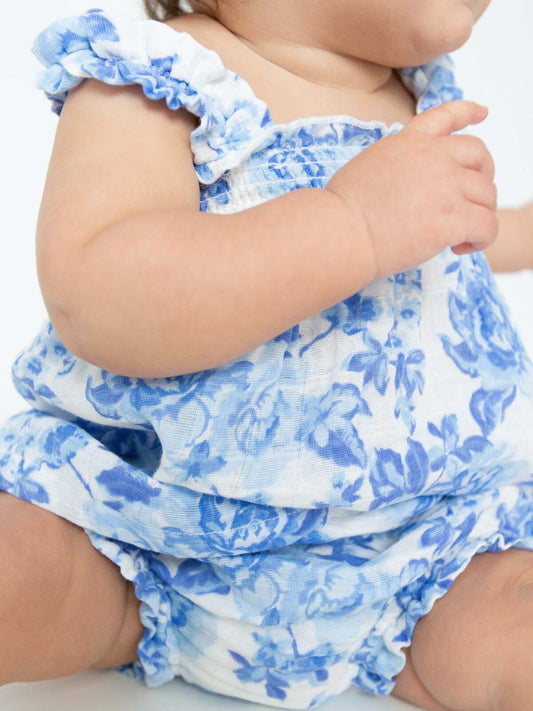 Ruffly Strap Top & Bloomer, Roses in Blue