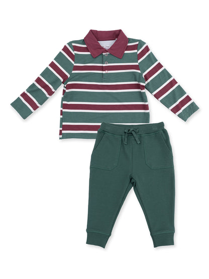 Striped long-sleeve polo shirt with green and burgundy stripes paired with green sweatpants.