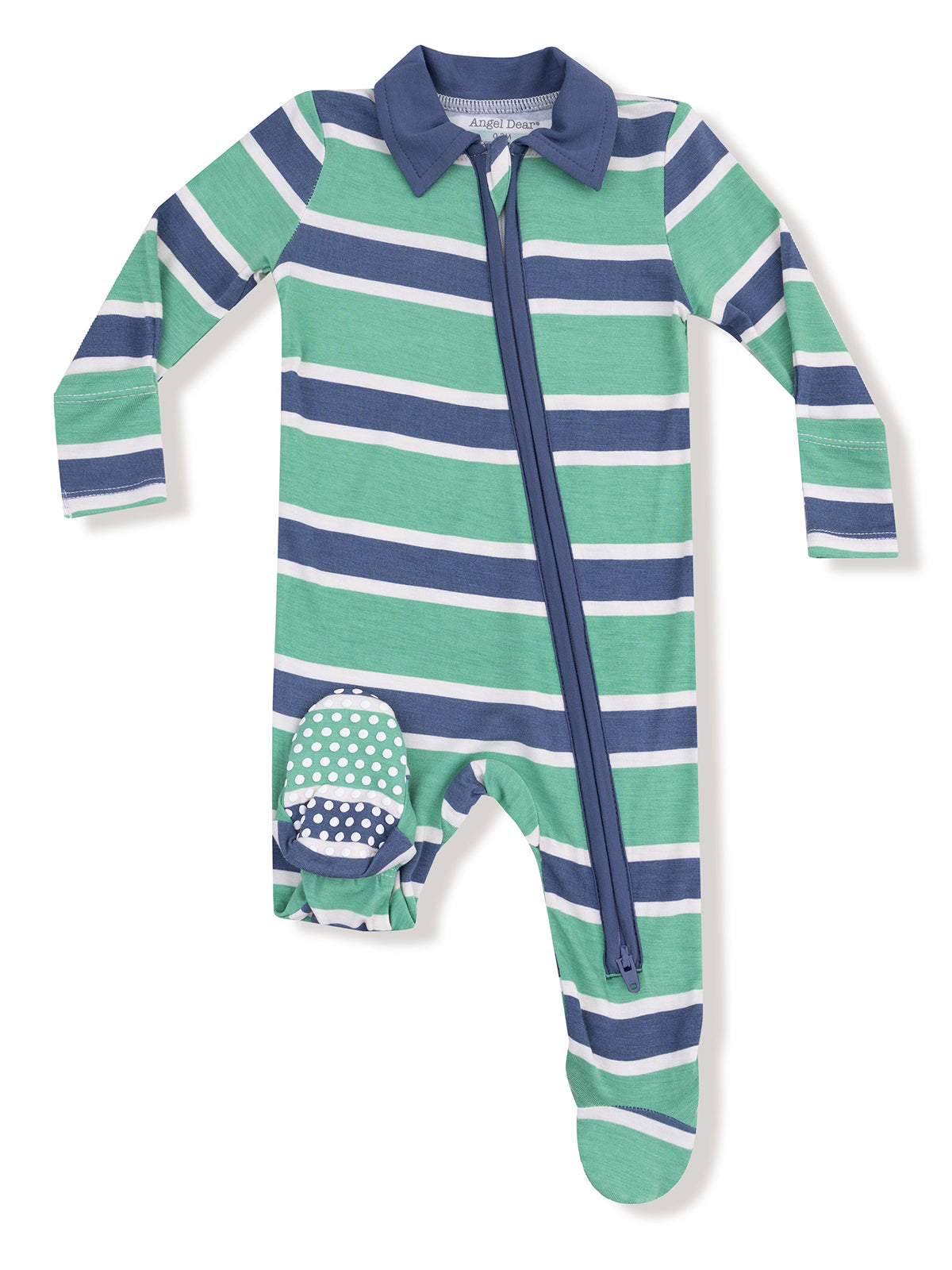 Striped green and navy infant onesie with a collar and zipper, featuring a polka-dot pocket on the side.