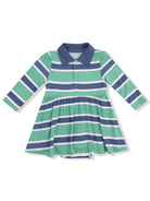 Striped long-sleeve dress in green, navy, and white with a collared neckline. Ideal for casual wear.