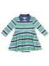 Striped long-sleeve dress in green, navy, and white with a collared neckline. Ideal for casual wear.