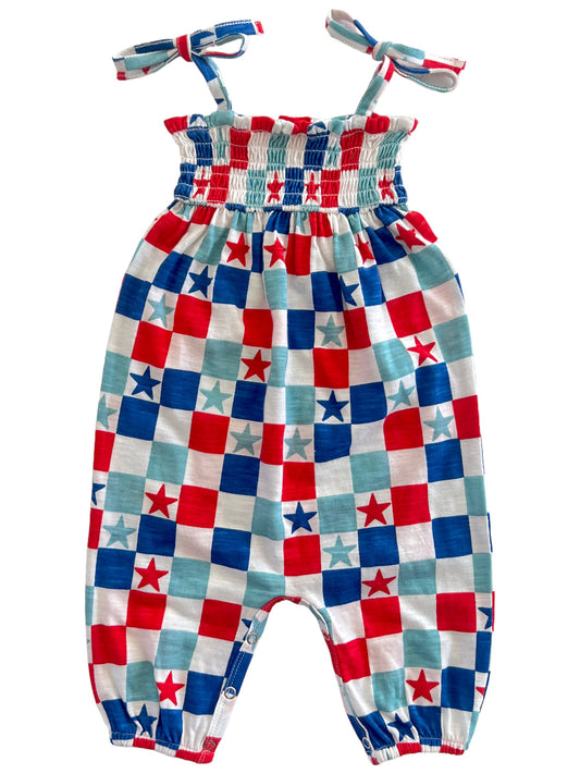 Red, White & Blue Checkerboard / Organic Smocked Jumpsuit