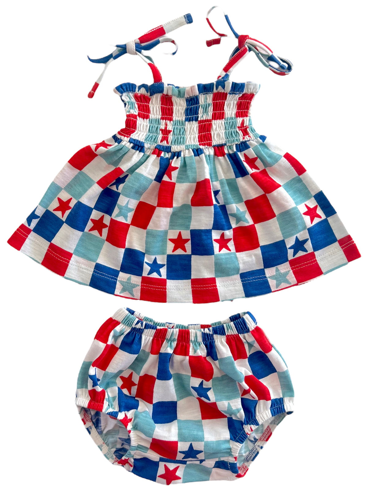 Red, white, and blue checkered toddler dress with matching bloomer shorts featuring stars. Ideal for summer events.