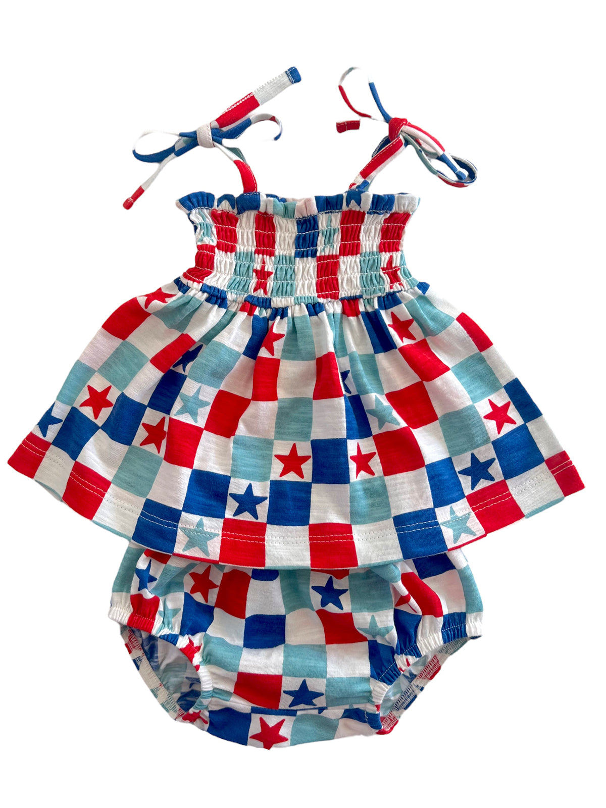 Youth summer outfit featuring a red, white, and blue star-patterned top and matching diaper cover.